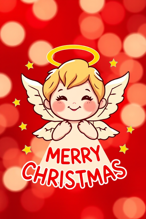 Regenerate the image of a cheerful cartoon angel with a halo and the text "MERRY CHRISTMAS," surrounded by decorative stars on a festive red background with bokeh highlights, using a DSLR camera with a 50mm lens, aperture set to f/2.8, ISO 100, and a shallow depth of field for enhanced image quality.