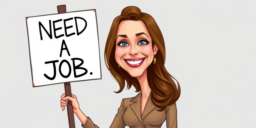 caricature of a smiling Julianne Moore in a Tan dress or suit, holding up a sign that says "NEED A JOB", no watermark,