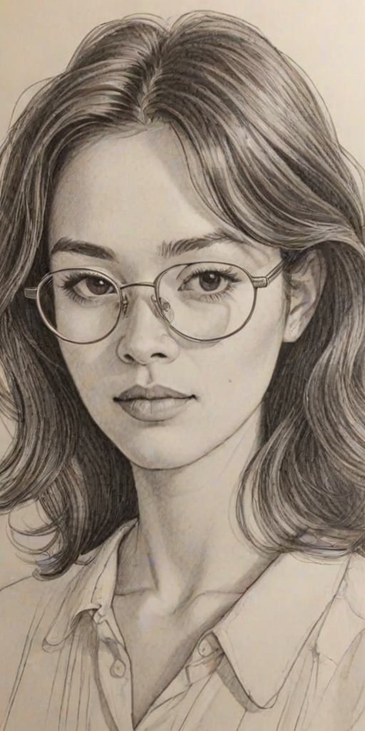 Superb Camille Chen, pencil sketch, portrait of Fetching woman 1975s in glasses, hair style beatnik, outline, clear lines, fine lines, 8k