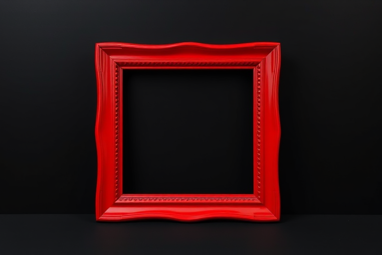 Create a high-resolution image of a simple red picture frame on a black background, using a DSLR camera with an aperture of f/2.8, ISO 100, 50mm lens, and a focus on the frame center for sharp details, aimed at a slight angle to showcase depth.