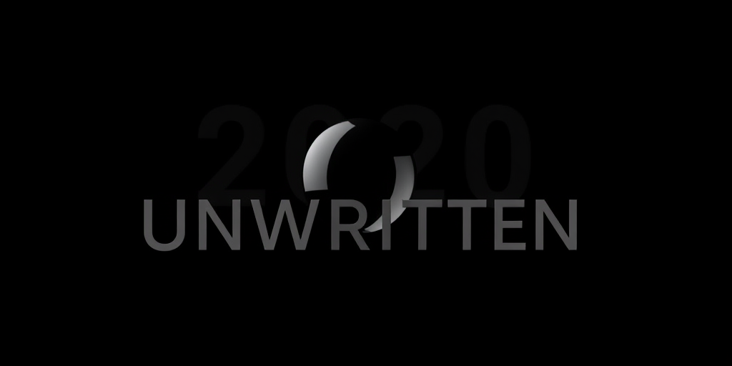 Create a sleek black background image featuring the text "2020 UNWRITTEN" in a modern font with a reflective sphere in the center, shot with a Canon EOS R5, 50mm f/1.2 lens, aperture f/2.8, ISO 100, in a soft focus style to enhance clarity and depth.