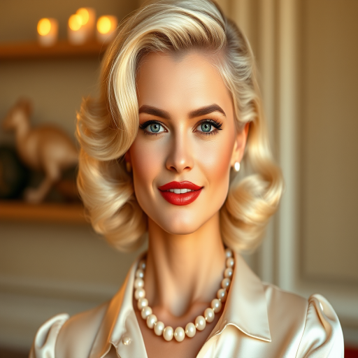 A beautiful Caucasian woman reminiscent of 1950s Hollywood glamour, with perfectly styled blonde hair and a seductive smile, dressed in a satin blouse and adorned with pearls, soft and warm tones, photorealistic, 8K
