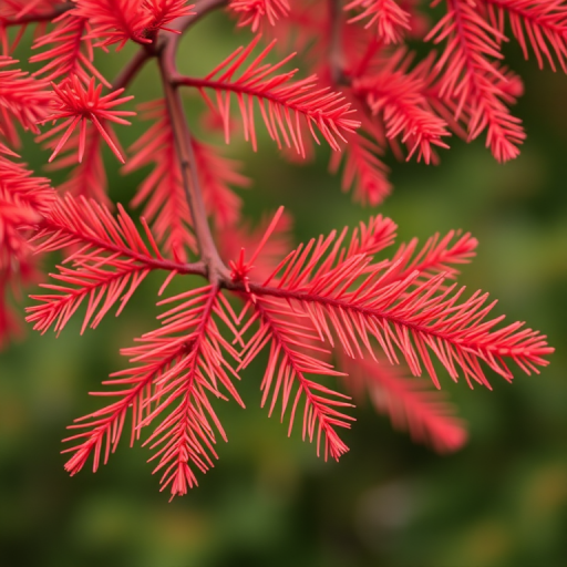 generate an image of close-up red pine tree branches with vibrant orange-red needles against a blurred green background