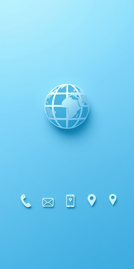 Create a high-resolution vector graphic of a globe icon centered on a smooth gradient blue background with minimalist communication symbols such as a phone, email, chat, smartphone, and location pin arranged horizontally at the bottom; camera settings: ISO 100, f/8, shutter speed 1/200 sec; camera view: flat lay; camera style: minimalist; camera type: digital.