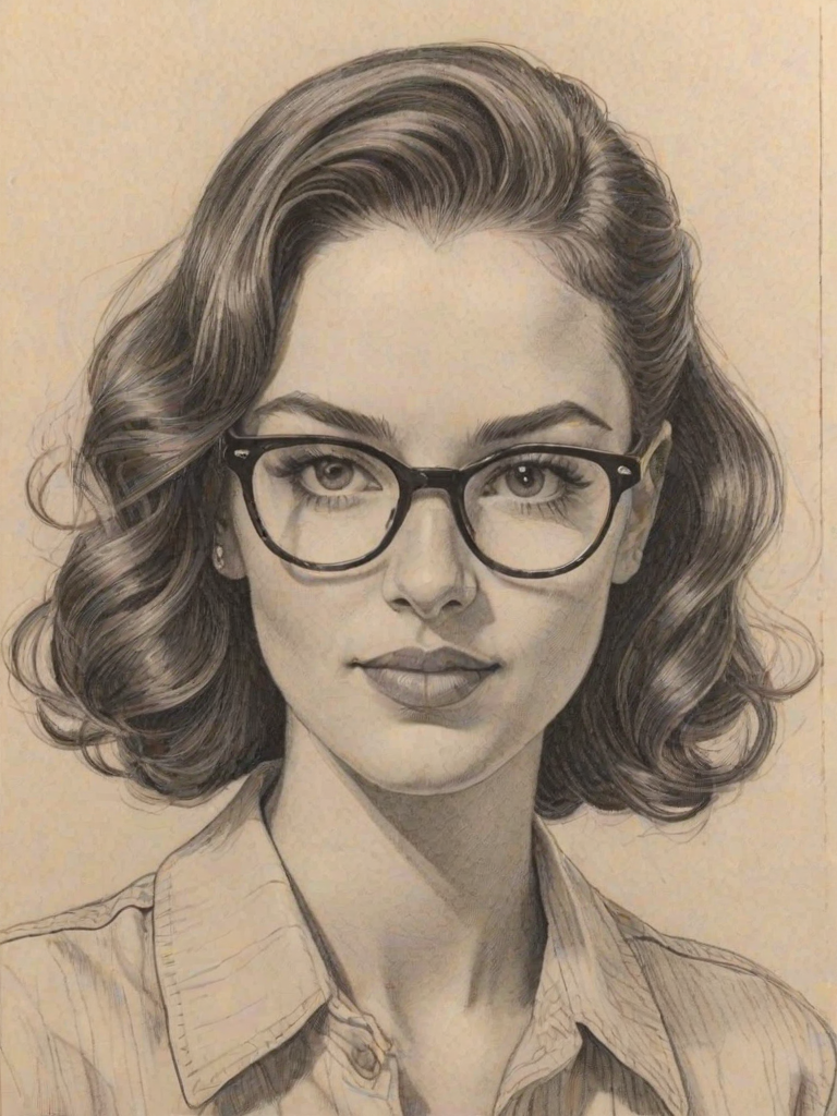 Sublime Brittany O'Grady, pencil sketch, portrait of Radiant woman 1942s in glasses, hair style beatnik, outline, clear lines, fine lines, 8k