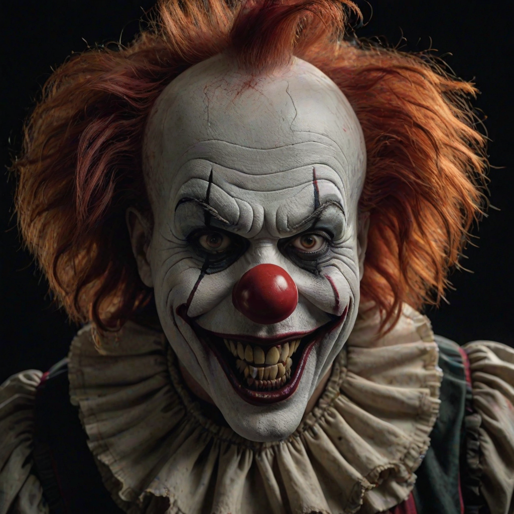 Create a hyper-realistic, dark, and eerie clown with a sinister smile, set against a black background. The clown should have exaggerated makeup with sharp, contrasting colors to enhance its menacing appearance. The overall atmosphere should be unsettling and intense, capturing a sense of horror and suspense