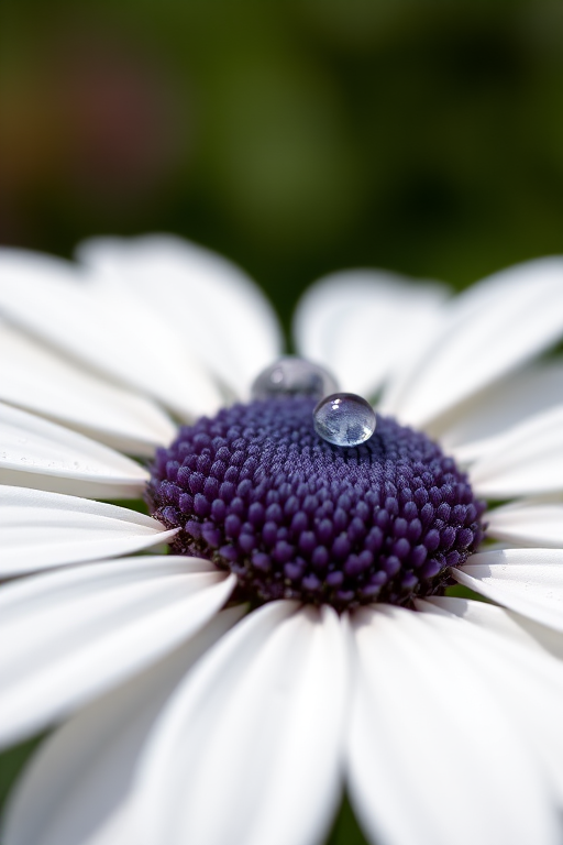 Close-up shot of a white daisy flower with purple center and dew drops, using a macro lens at f/2.8, 1/250 sec shutter speed, ISO 100, natural lighting, DSLR camera.