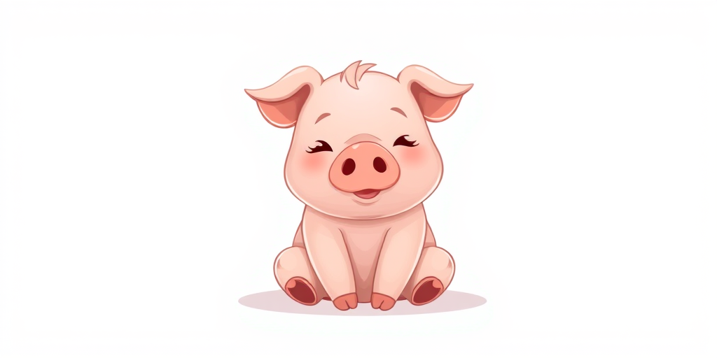 A cute cartoon pig sitting with a slight tilt, soft pink color palette, bright white background, 50mm lens, f/2.8 aperture, ISO 100, natural light, front view, digital illustration style.