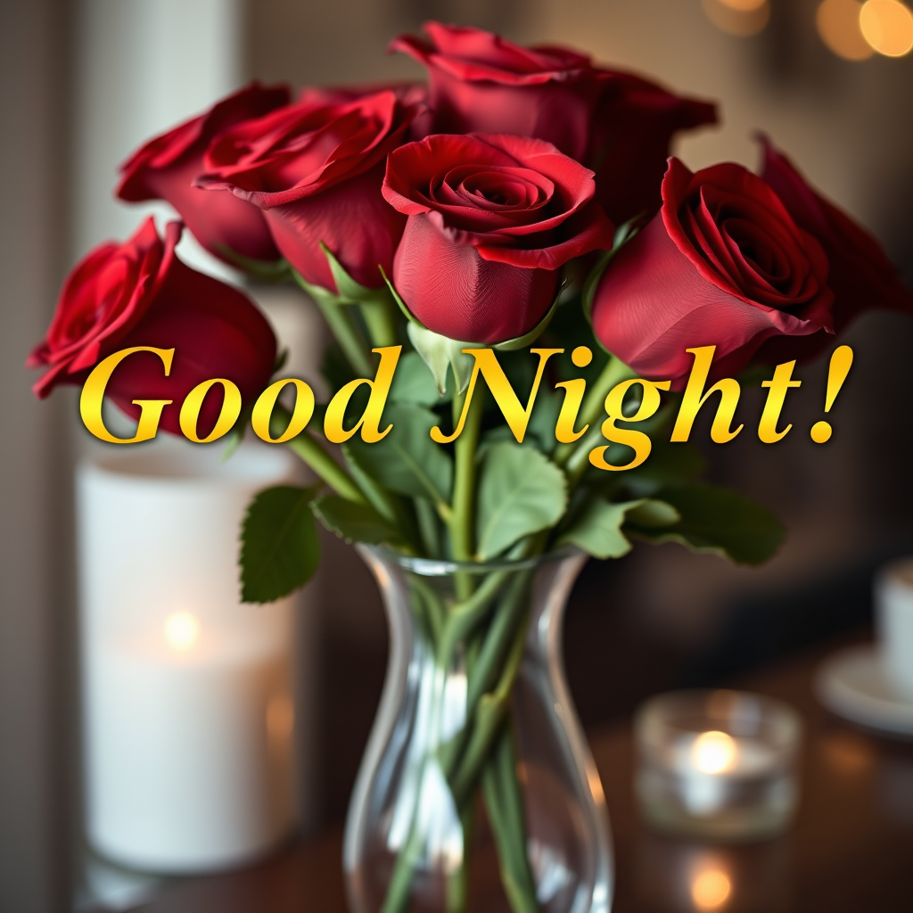 Create an image with the text "Good Night!" in golden Garamond font, placed atop a delicate vase filled with vibrant red roses, with soft focus and warm lighting effects.