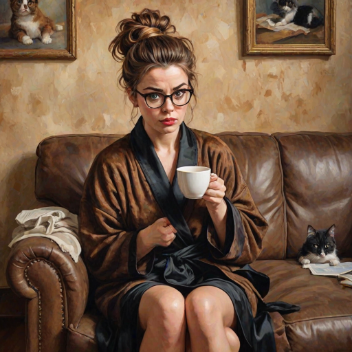 The words ‘Professional Overthinker’ (exact spelling) An exaggerated whimsical illustration of a cute silly lady with unruly messy brown bun and black glasses pouty lips and a thinking expression. Shes sitting on the couch, legs folded wearing a black silk robe, black fuzzy slippers. She’s holding her coffee cup and making a deep-in-thought face.  A quirky scruffy cat (dog) looking at her against a mottled, oil painting style soft background living room setting.