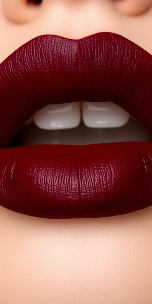 Matte burgundy lips with a perfectly defined cupid's bow and rich, deep color payoff, called "Vintage Vamp Velvet"