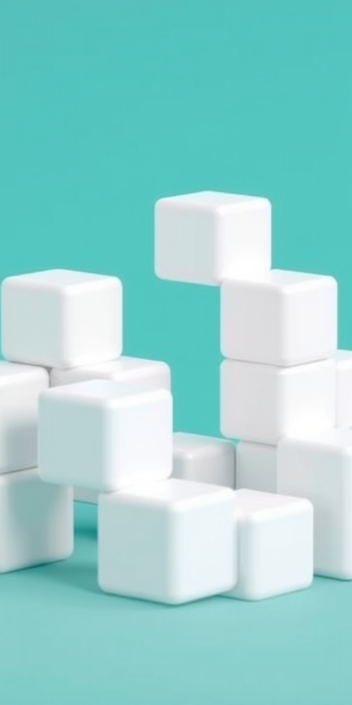 Generate an image of a stylized 3D triangular structure made of white blocks with a smooth surface, set against a teal background; camera settings: f/2.8 aperture, 1/60 shutter speed, ISO 100; camera view: close-up; camera style: soft-focus; camera type: DSLR.