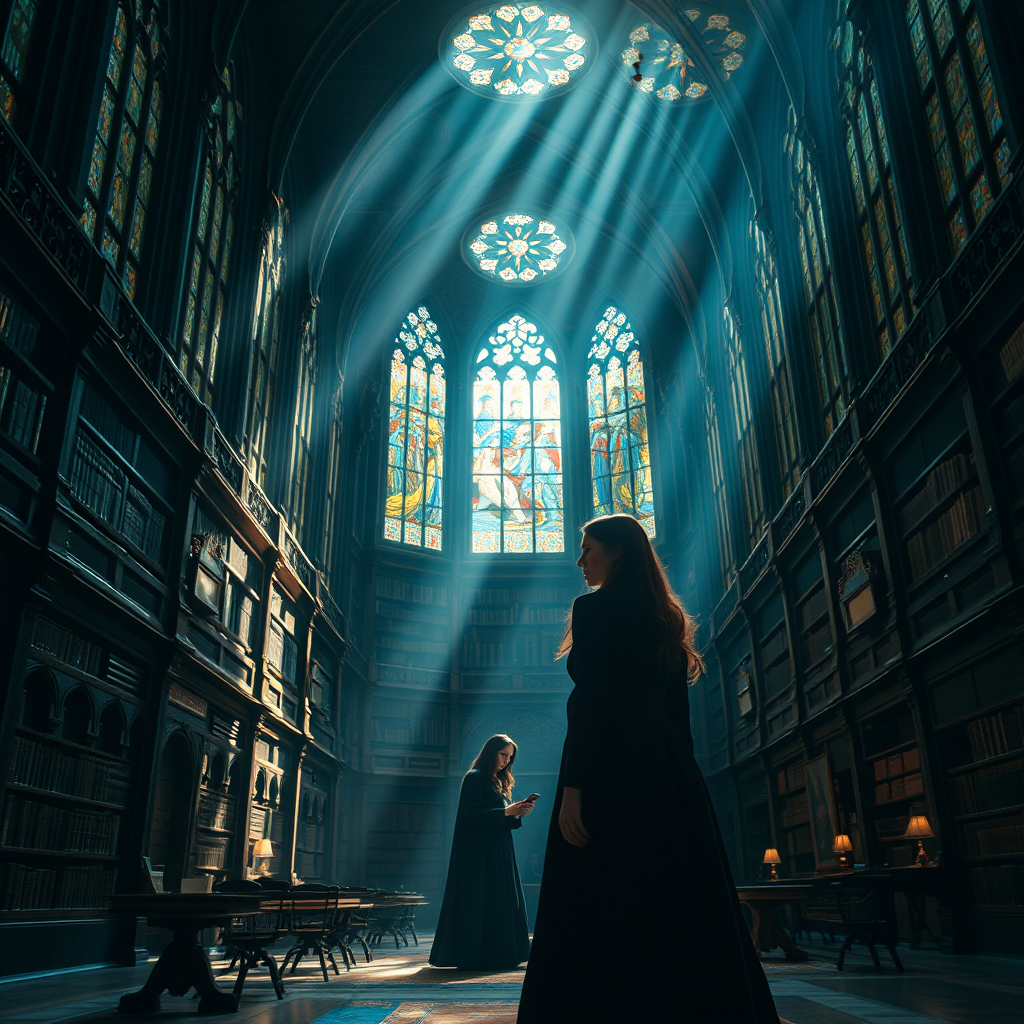 Generate a fantastical scene of a vampire and a woman in a grand gothic library with stained glass windows, illuminated by sunlight beams, captured with a DSLR camera at f/1.8 aperture, ISO 100, 50mm focal length, with a soft focus effect to enhance the magical atmosphere.