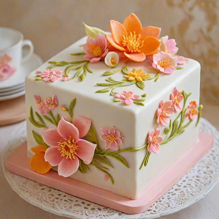 Create an image of two square cakes beautifully decorated with intricate floral designs. One cake features pink and white flowers, while the other showcases orange and yellow blossoms. The background should be light and airy, enhancing the delicate appearance of the cakes.