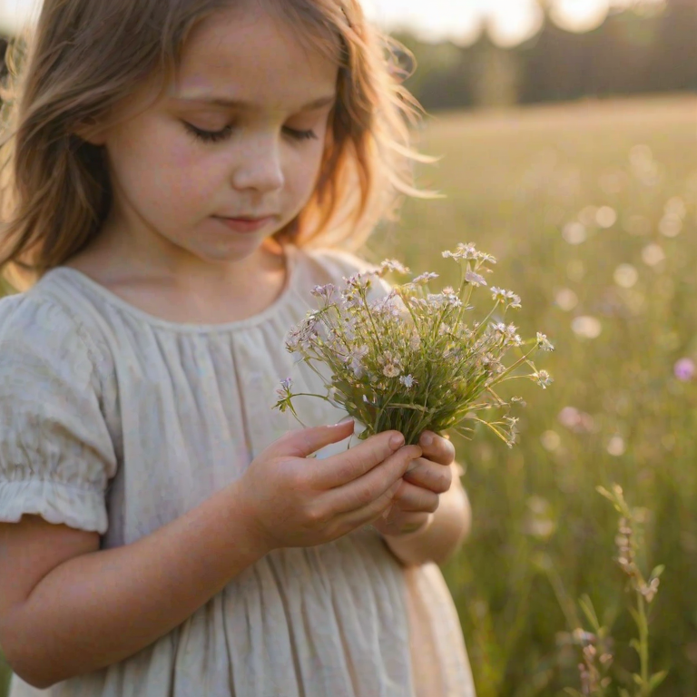 Softly focused image of a young child holding a handful of wildflowers, their small hand and the delicate petals bathed in soft morning light, with a blurred meadow in the background.