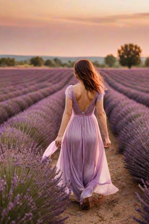 Soft-focus image of a woman walking through a lavender field at sunset, her dress billowing in the breeze, with soft purple flowers stretching out in every direction under a golden sky.