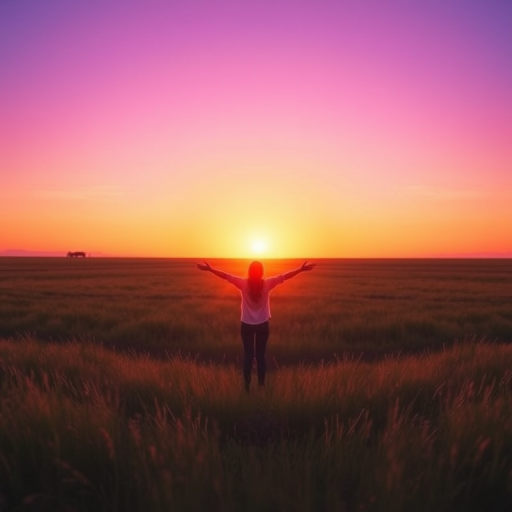 Create a minimalist graphic of a person standing with arms outstretched in a vast open field during sunset, with a Canon EOS R5, 50mm lens, f/1.8 aperture, ISO 100, capturing vibrant colors and soft lighting, with a shallow depth of field for a dreamy effect.