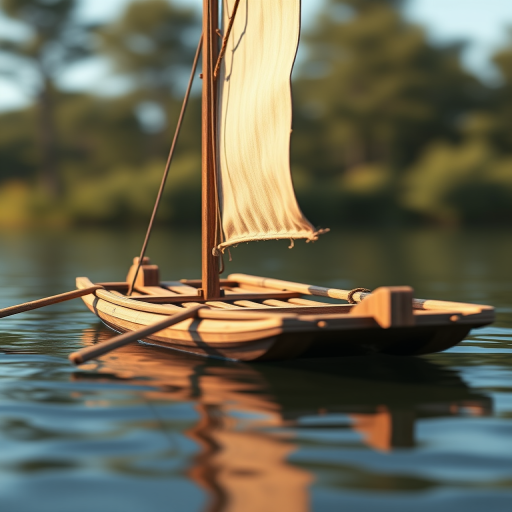 Create a highly detailed 3D render of a classic wooden raft with a sail, using a DSLR camera with a 50mm lens at f/1.8, ISO 100, and 1/200s exposure, shot from a low angle to emphasize the raft's structure, natural lighting for realism, and a shallow depth of field to blur the background slightly.