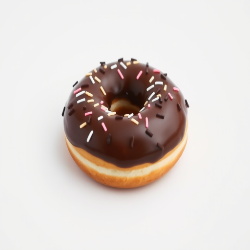 a single chocolate frosted donut with sprinkles on a white background, shot in a studio setting, using a Canon EOS R5 camera with 50mm f/1.8 lens, aperture set to f/2.8, ISO 100, and a shutter speed of 1/100 sec, soft diffused lighting for a clean and crisp look