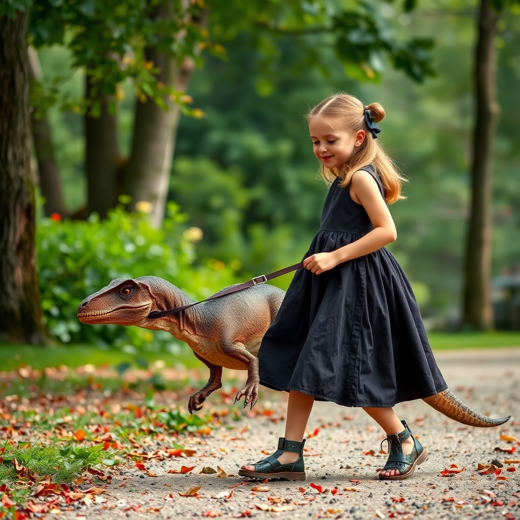 12 year old girl in a dress walking her pet Velociraptor on a leash through a park