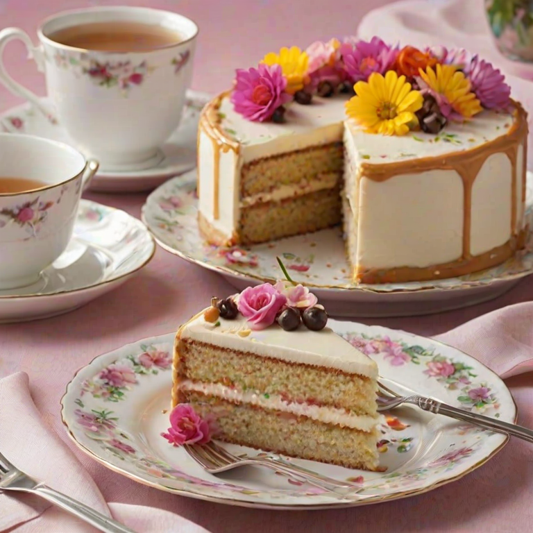 Generate an image of a beautifully decorated layer cake with a creamy frosting. The cake should have three layers, with one slice cut out to show the inside. Surround the cake with colorful flowers and a small dish of caramel sauce. Include a delicate tea cup and a fork beside the slice on an elegant plate. The setting should have a light and inviting atmosphere.