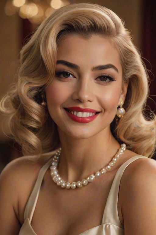 A beautiful Hispanic woman reminiscent of 1950s Hollywood glamour, with perfectly styled blonde hair and a seductive smile, dressed in a satin blouse and adorned with pearls, soft and warm tones, photorealistic, 8K