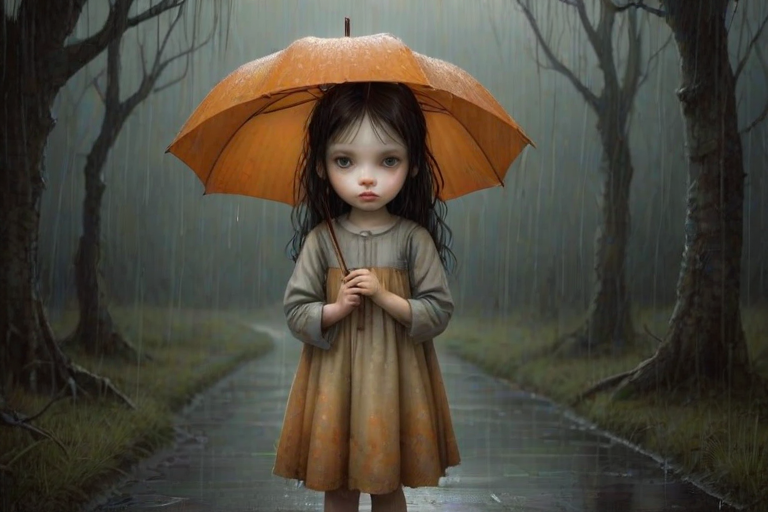 An eerie, weird little girl with dark hair in thin pigtails, wearing a smock dress, standing in the rain, holding a dirty orange umbrella, a small, odd creature beside her. In a surreal style inspired by Nicoletta Ceccoli and Brian Froud. Dark fantasy themes