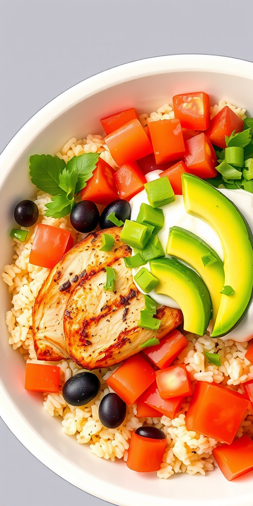 Generate a vibrant illustration of a delicious burrito bowl featuring grilled chicken, rice, black beans, diced tomatoes, avocado, and topped with guacamole and sour cream, using a high-resolution DSLR camera with a 50mm lens, f/1.8 aperture, ISO 200, natural lighting, and a slight overhead angle for an appetizing view.
