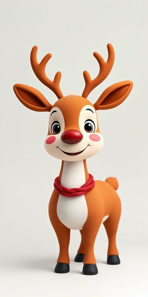 Create a cute cartoon reindeer character standing with a cheerful expression against a plain background, using a Canon EOS R5 with a 50mm f/1.2 lens, shooting in aperture priority mode at ISO 100, f/2.0, and a focal length of 50mm for a soft depth of field.