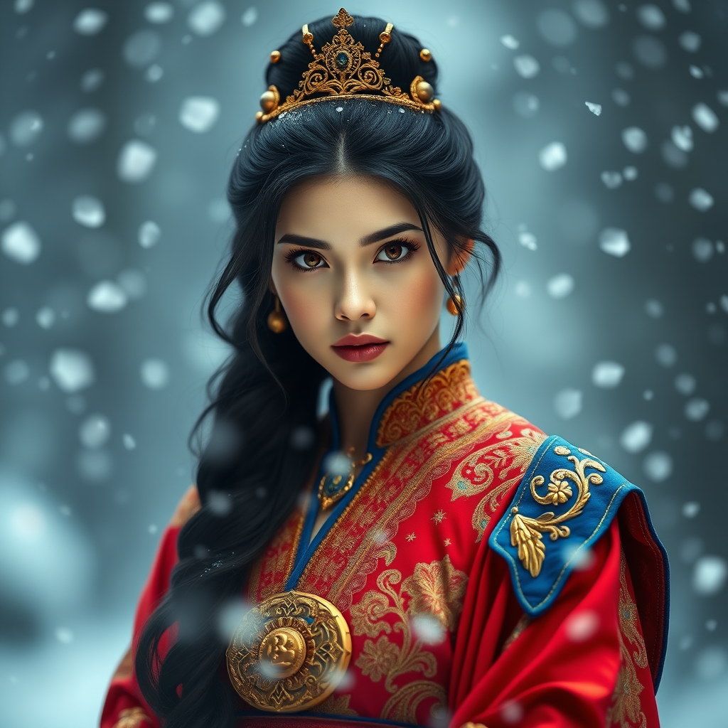 A young woman with long black hair styled in a high bun, adorned with a gold crown and intricate hair ornaments, stares intently at the viewer. She wears a vibrant red and gold embroidered robe with blue accents, a gold belt with a large ornate buckle, and a blue and gold shoulder piece. The woman is positioned in the center of the frame, with the background blurred and filled with falling snow. The image has a soft, ethereal feel with a focus on the woman's face and attire, creating a portrait-like composition. The colors are rich and saturated, with the red, gold, and blue of the clothing standing out against the muted blue and white of the snowy backdrop. The lighting is soft and diffused, casting a warm glow on the woman's face.  The overall mood is elegant and mysterious.  The details of the woman's attire, especially the intricate embroidery and embellishments, add a sense of opulence and grandeur.  The falling snow further enhances the sense of winter magic and wonder.