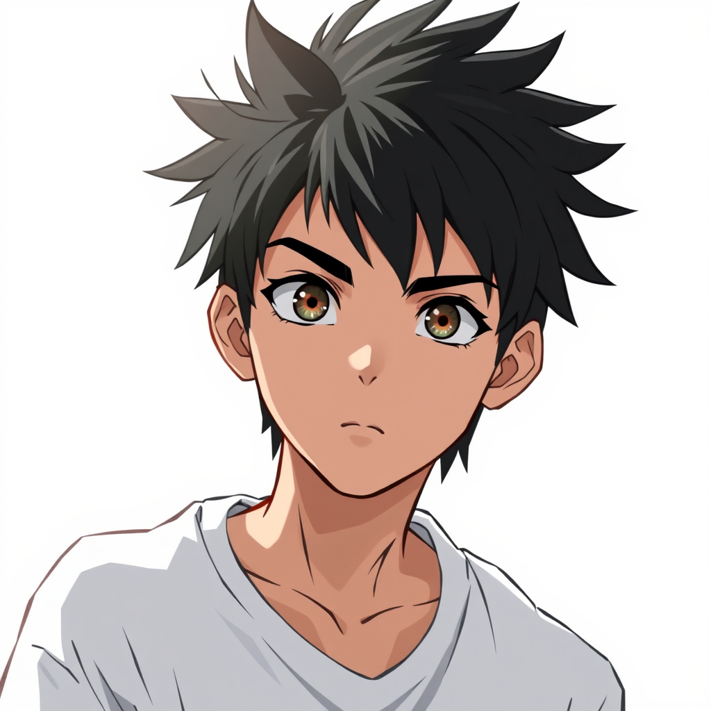 Create a high-resolution illustration of a young male character with spiky black hair, a neutral expression, wearing a loose white shirt, use an 85mm lens, f/2.8 aperture, ISO 100, studio lighting, and a frontal view to enhance image quality.