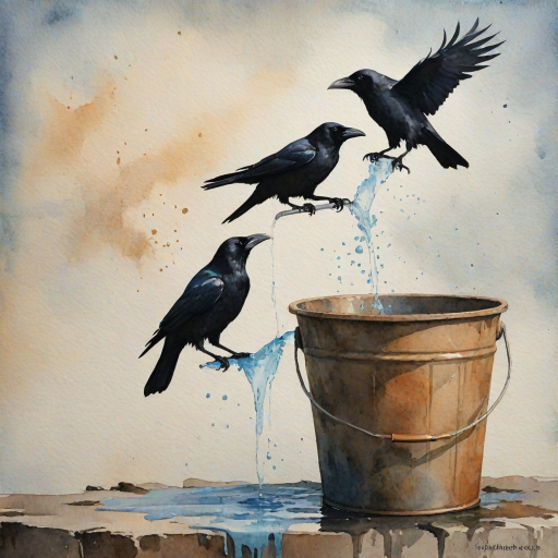 Create a watercolor painting of the silhouette of crows drinking water from a bucket, with muted colors and a textured background.