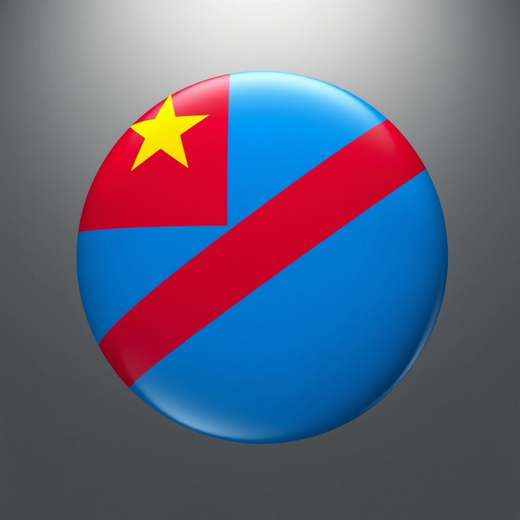 Create a realistic 3D render of the flag of the Democratic Republic of the Congo featuring a circular shape with a blue background, a red stripe diagonally from lower-left to upper-right, and a yellow star in the upper-left corner, shot with a DSLR camera at f/2.8, 50mm lens, ISO 100, with soft diffused lighting and a slight depth of field effect to enhance the color vibrancy.