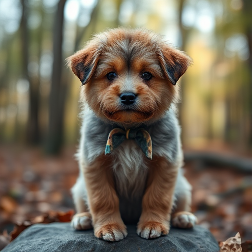 A close-up portrait of a fluffy dog sitting on a stone in a forest, soft bokeh background, natural light, aperture f/2.8, shutter speed 1/200s, ISO 200, DSLR camera, focal length 50mm.