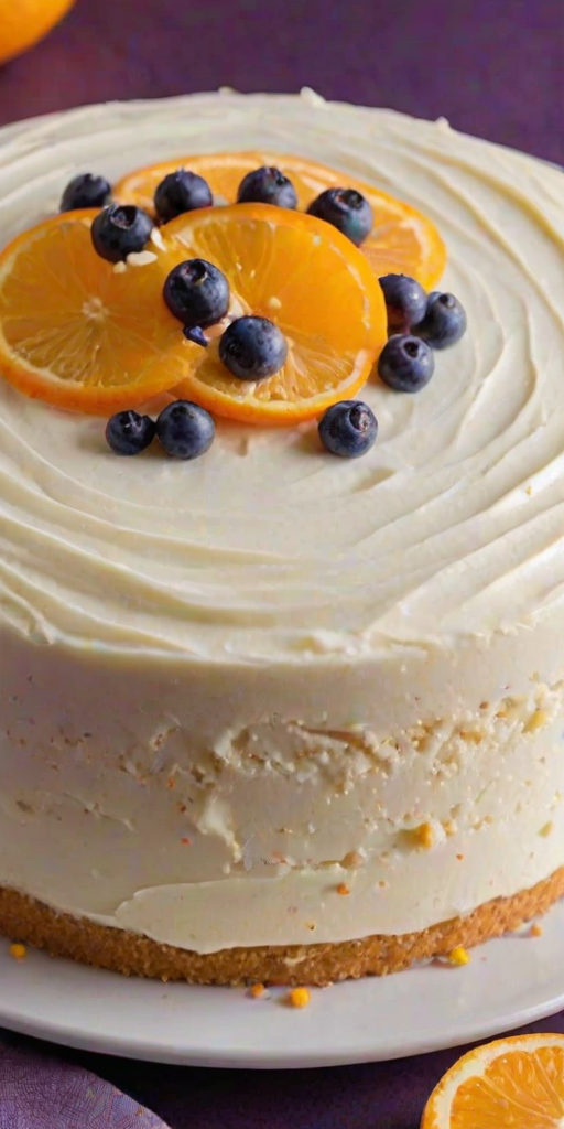 Generate an image of a round cake with a smooth cream cheese frosting on top, garnished with orange zest. The cake should have a light, moist texture and be presented on a simple white plate against a soft purple background.