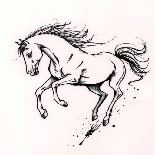 Sketch-style tattoo "Ephemeral Essence" capturing the raw energy of a wild horse in motion using loose, expressive black ink strokes and subtle shading to create a sense of movement