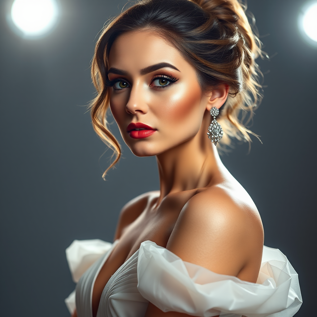 Studio portrait, female model, elegant couture dress, bold makeup, dramatic lighting, Utilize a 50mm portrait lens for crisp details and a soft background blur, 8k