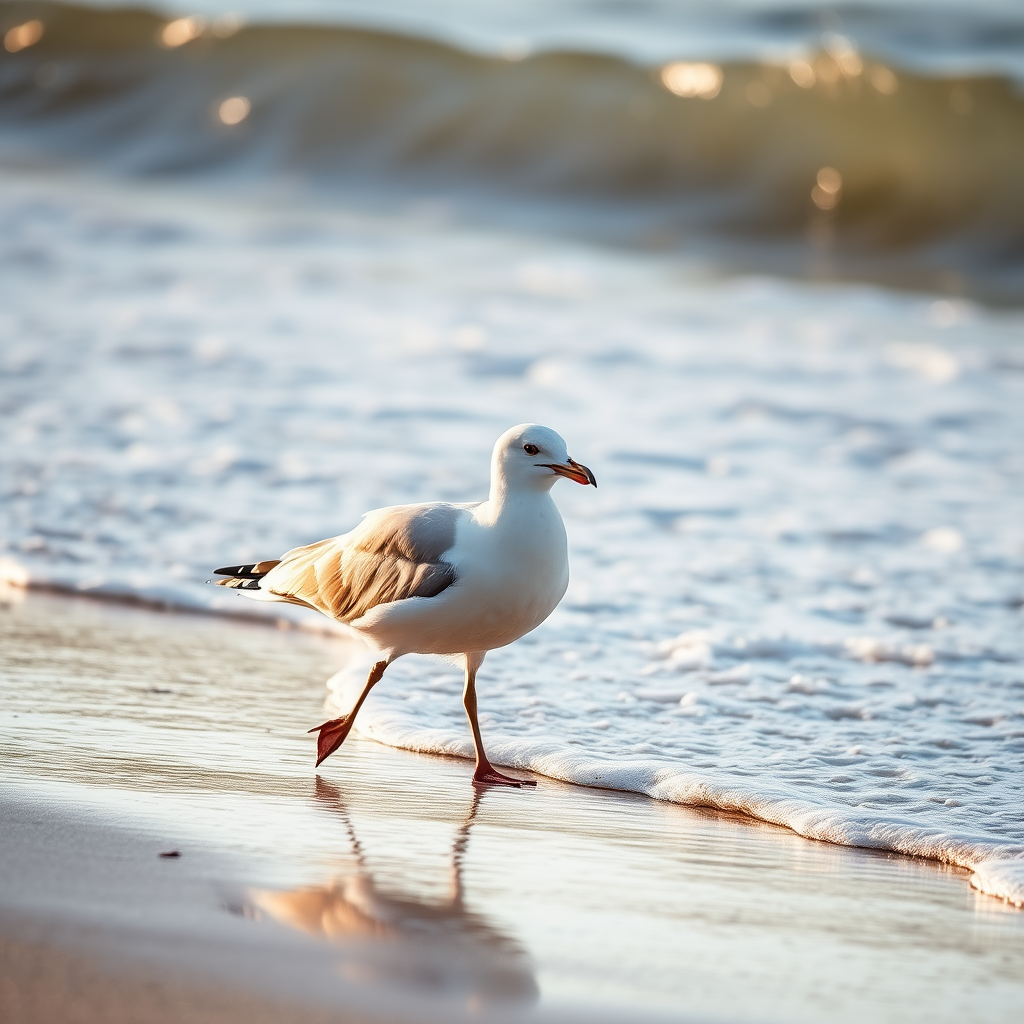 regenerate an image of a seagull walking along the shore near gentle waves, captured with a DSLR camera at f/8 aperture, 1/200s shutter speed, ISO 200, in natural diffused sunlight, using a 50mm lens for sharp focus and a shallow depth of field