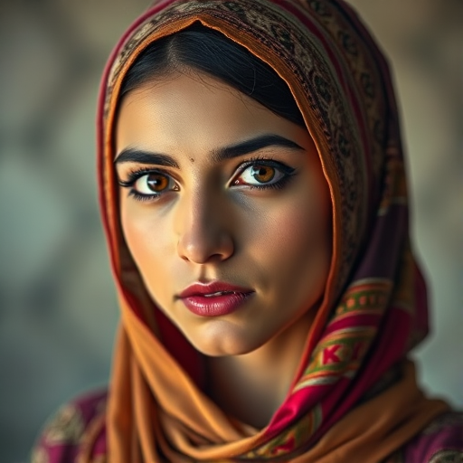 portrait of a young woman with intricate headscarf and ethnic attire, soft diffused lighting, shallow depth of field, 50mm lens, f/1.8 aperture, ISO 100, captured with a full-frame DSLR camera