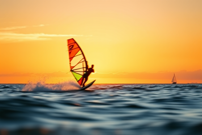 Blurry action shot of a windsurfer catching air off a wave at sunset, soft orange light reflecting off the water, with distant sailboats barely visible on the horizon and soft clouds in the sky.