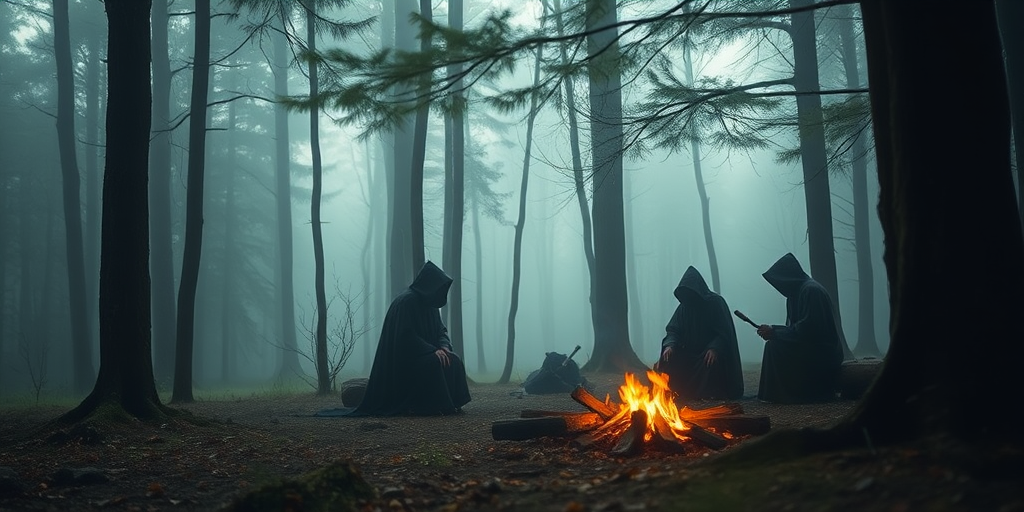 A misty forest scene with cloaked figures gathered around a fire, soft diffuse lighting, focus on the foreground, using a DSLR camera with a 50mm lens at f/1.8, ISO 800, and a shutter speed of 1/60s for depth and atmosphere.
