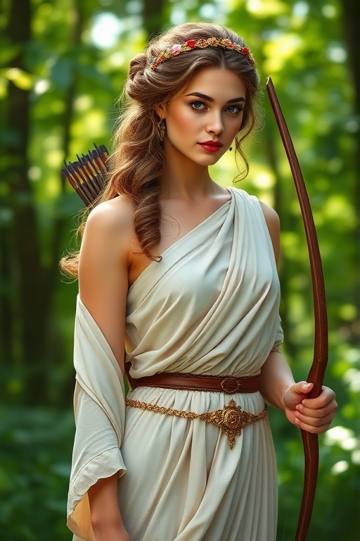 Create a portrait of a goddess-like female figure in a tranquil, forested environment. She has an elegant appearance with long, wavy hair styled in an updo and adorned with a delicate, floral headband. She wears a flowing, ancient Greek-inspired gown in a soft, pale color, featuring a one-shoulder design and draped fabric that accentuates her graceful form. The outfit includes a decorative belt with ornate gold detailing, and she holds a bow in her hand, with a quiver of arrows slung over her shoulder. The background depicts lush greenery, with sunlight filtering through the trees, casting a gentle, ethereal light on the scene. Her expression is calm and contemplative, embodying a sense of wisdom and serenity.