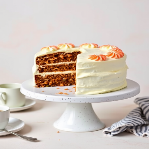 A beautifully decorated carrot cake with cream cheese frosting on a white speckled cake stand, partially sliced to reveal multiple layers filled with grated carrots and nuts, set against a soft pastel background with a cup and a striped napkin nearby.