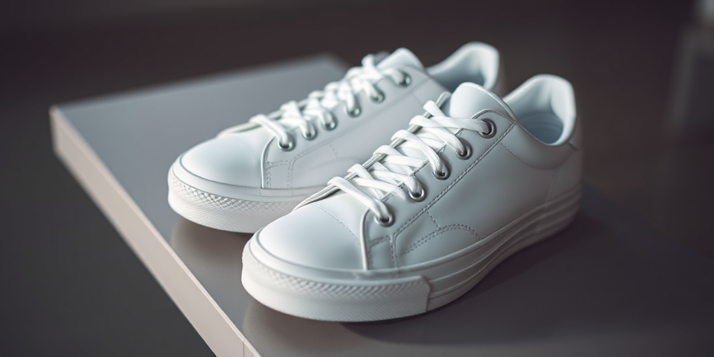 a close-up photograph of white sneakers on a flat surface, taken from a high angle, with a shallow depth of field, aperture f/2.8, ISO 100, 50mm lens, natural light, minimalistic background for enhanced focus on sneakers