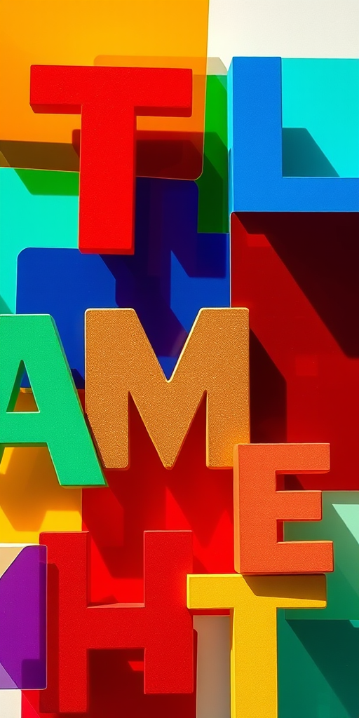 Create an abstract image of colorful overlapping shapes and letters, using a Canon EOS R5 with a 50mm lens at f/1.8, ISO 100, and a shutter speed of 1/200s, capturing a vibrant and dynamic composition in soft natural lighting.