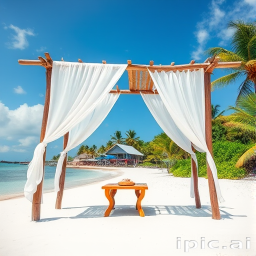 Create a picturesque tropical beach scene featuring a serene, white sandy shore. In the foreground, there's a rustic wooden canopy with white drapes gently flowing in the breeze. Underneath the canopy, a table is set with tropical decor, evoking a sense of relaxation and leisure. The beach extends into a calm, shallow water area with reflections of the sky and surroundings. Palm trees and lush greenery line the edge of the beach, providing a natural, tropical backdrop. The sky is clear with a few scattered clouds, and the overall atmosphere is tranquil and inviting, perfect for a peaceful retreat.