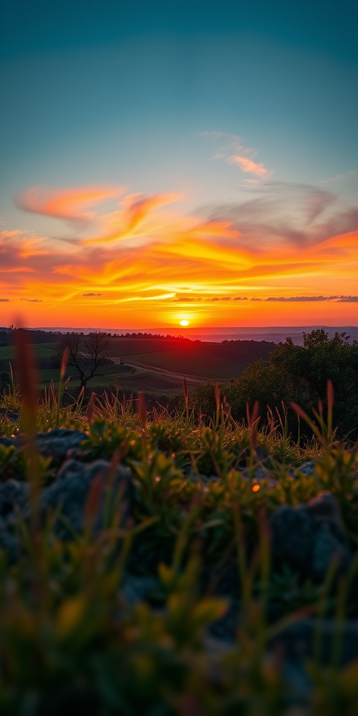 Generate a high-resolution image of a vibrant landscape with a sunset, using a DSLR camera, 50mm lens, aperture f/1.8, ISO 100, and a low-angle view to capture the details of the foreground while emphasizing the colors in the sky.
