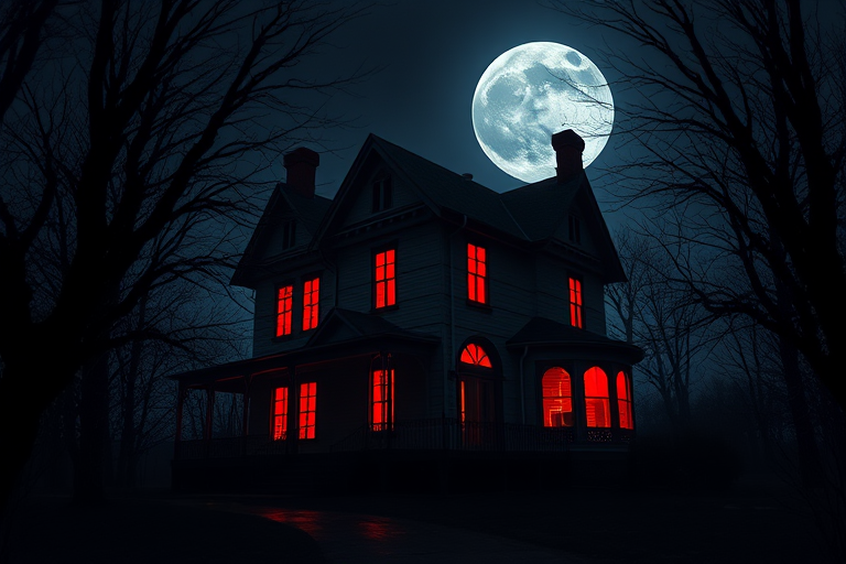 haunted house at night with glowing red windows, silhouetted trees, full moon backdrop, Nikon D850, f/8, ISO 200, 24mm lens, wide-angle view, low-angle shot, digital art style