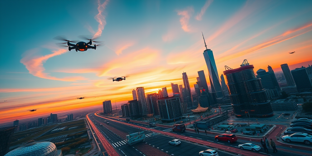 Generate a vibrant, high-resolution image of a futuristic city skyline at sunset with flying cars, using a DSLR camera, 24mm lens, aperture f/2.8, ISO 100, and a wide-angle perspective.