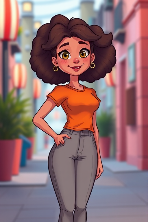 Create a vibrant illustration of a young woman with an animated style, wearing an orange top and gray pants, standing with a friendly expression, using a Canon EOS R5 with a 35mm f/1.4 lens, aperture set to f/2.8 for a shallow depth of field, high dynamic range settings to enhance colors and details, capturing the scene from a slight low angle to give a sense of perspective.